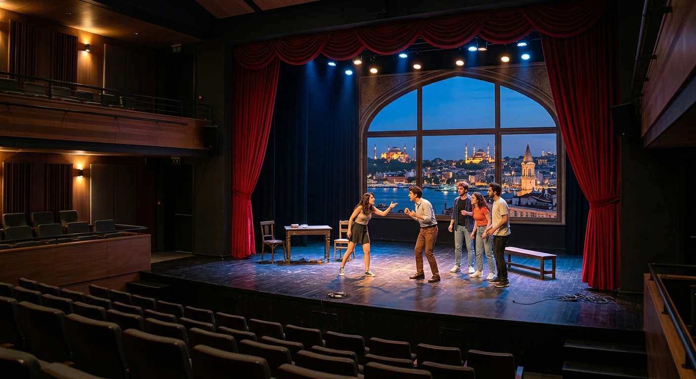 Theatre stage with dramatic spotlights, red velvet curtains, and a historic Istanbul cityscape visible through a window, students rehearsing a scene on stage in a modern university theatre hall