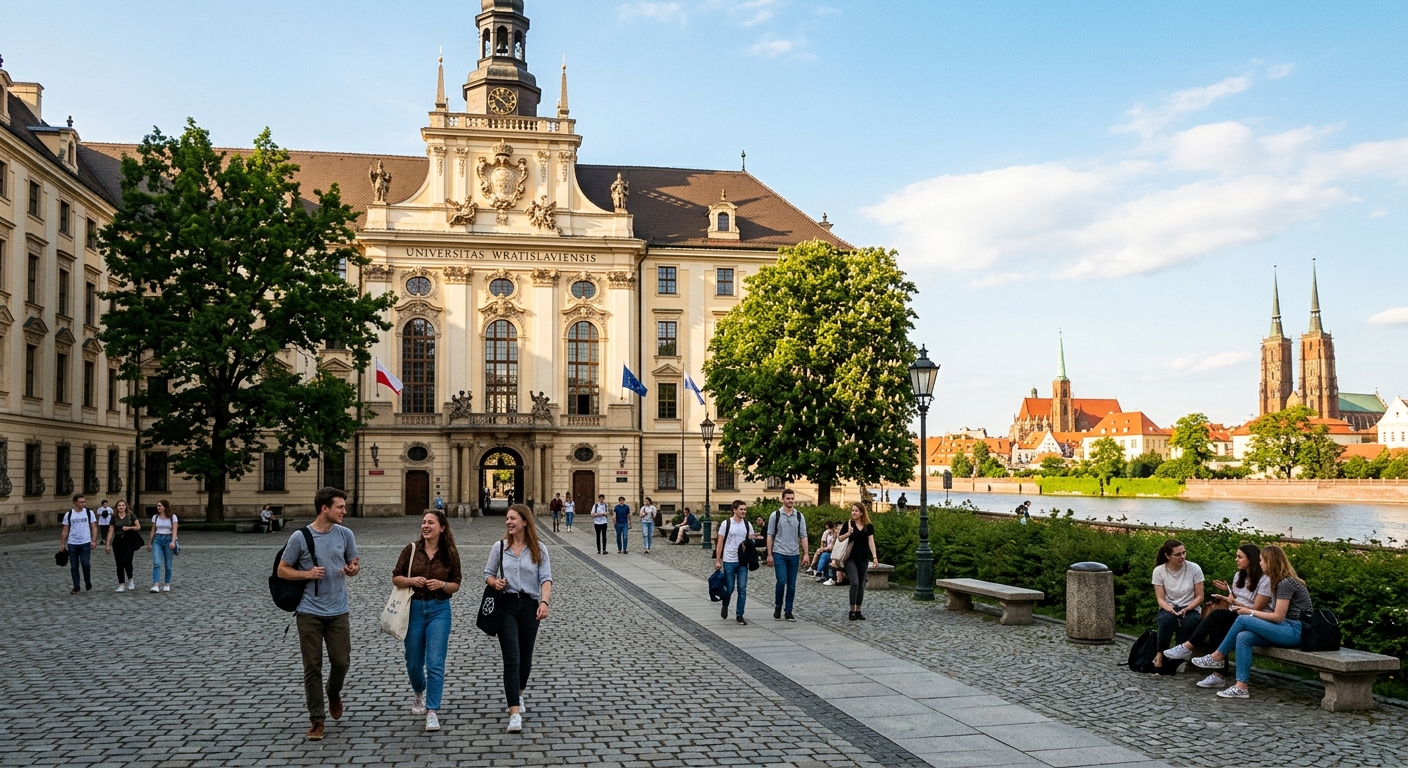 Historic Baroque main building of the University of Wroclaw with Oder River in background, European architecture, students walking through courtyard, warm sunlight, Wroclaw cityscape