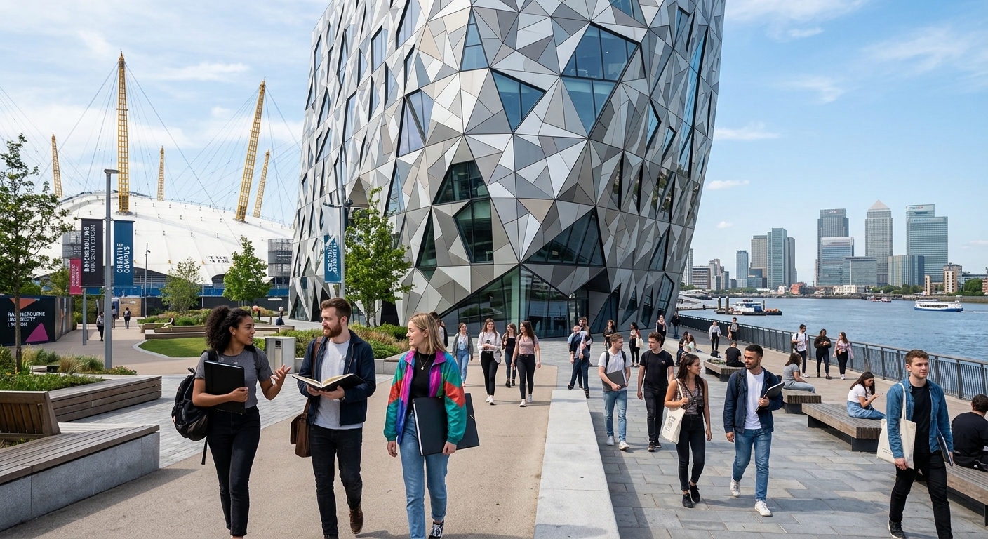 Modern creative university campus on Greenwich Peninsula London, contemporary angular building with geometric facade near the O2 Arena, design students walking outside with portfolios, bright daylight with River Thames in background