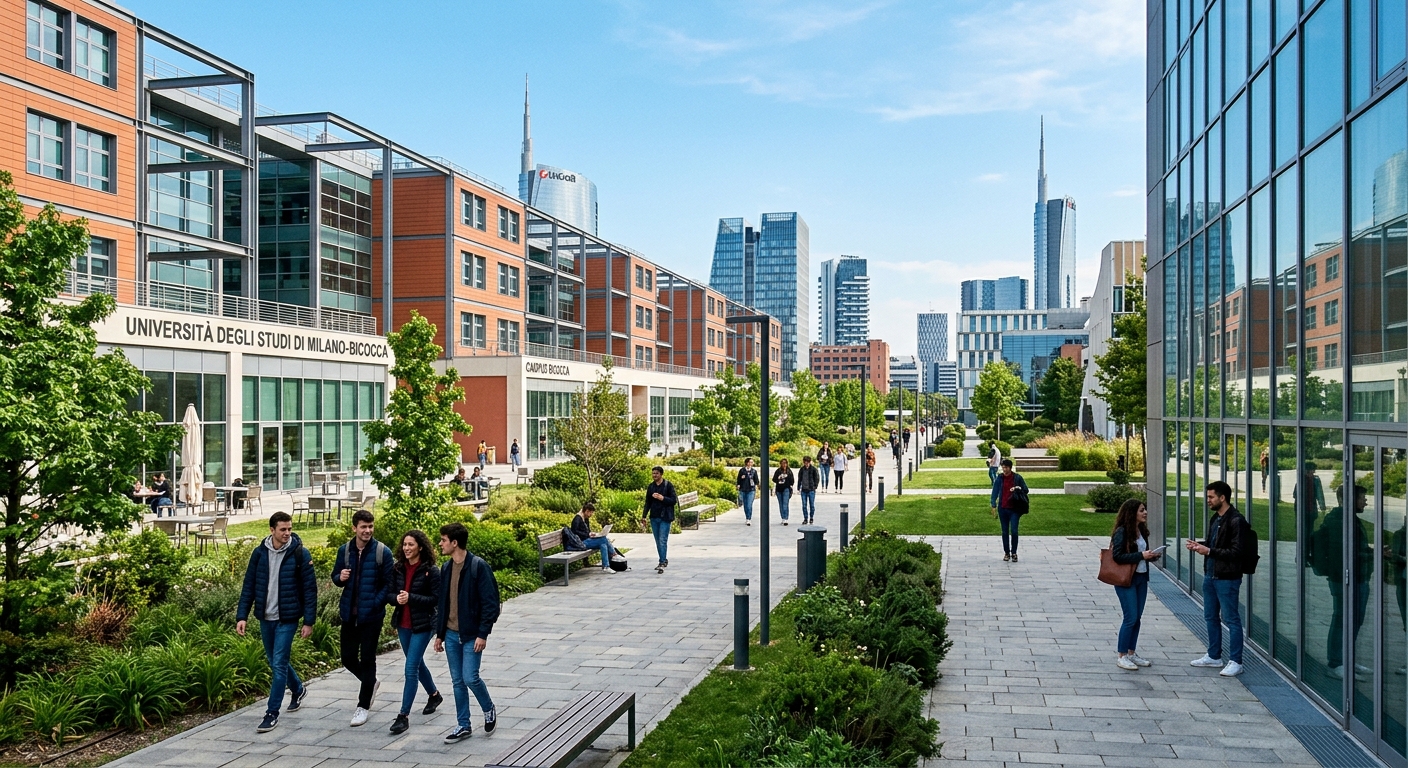 Modern university campus in Milan Italy with contemporary architecture, students walking between glass and steel buildings, green courtyards, and the iconic Bicocca district skyline in the background under a clear blue sky