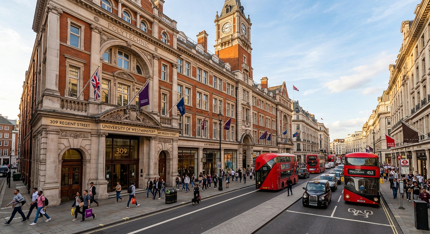 University of Westminster Regent Street campus wide shot, historic Victorian building at 309 Regent Street London, bustling central London street scene, red double-decker buses, warm daylight