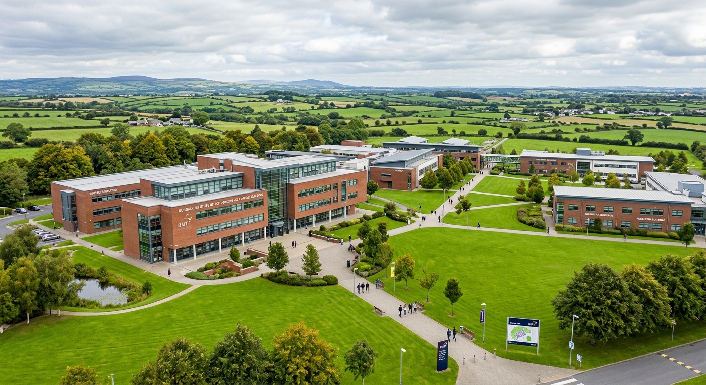 Dundalk Institute of Technology campus wide shot, modern academic buildings surrounded by green lawns, PJ Carroll Building visible, Irish countryside in background, overcast sky with soft light