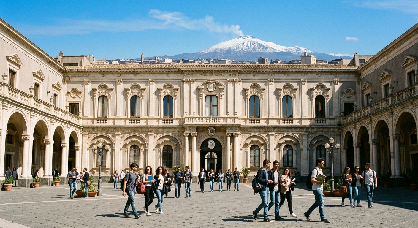 University of Catania historic campus building with baroque architecture in Piazza Università, students walking through courtyard, Mount Etna visible in background, sunny Sicilian day with blue sky