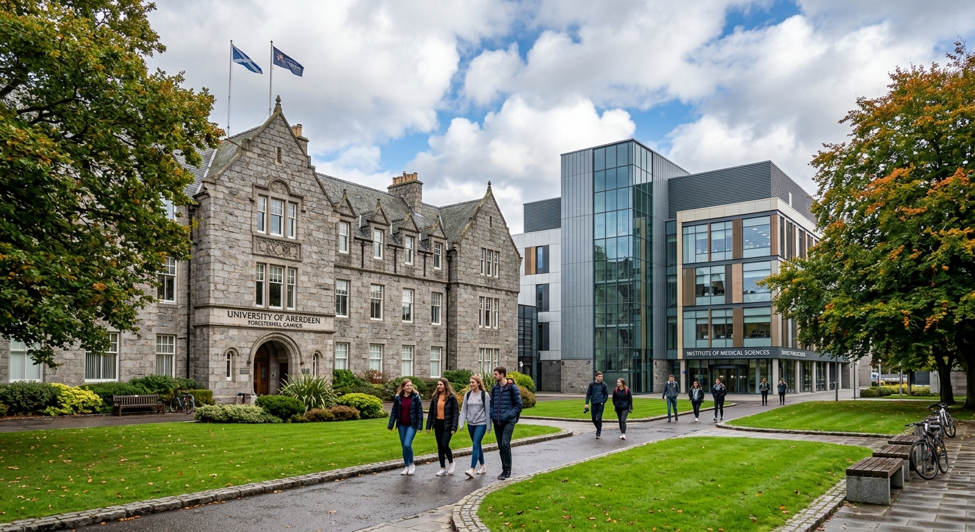 Historic granite buildings of the University of Aberdeen Foresterhill Health Campus with modern Institute of Medical Sciences, students walking through the campus grounds under a partly cloudy Scottish sky, green lawns and mature trees in the foreground