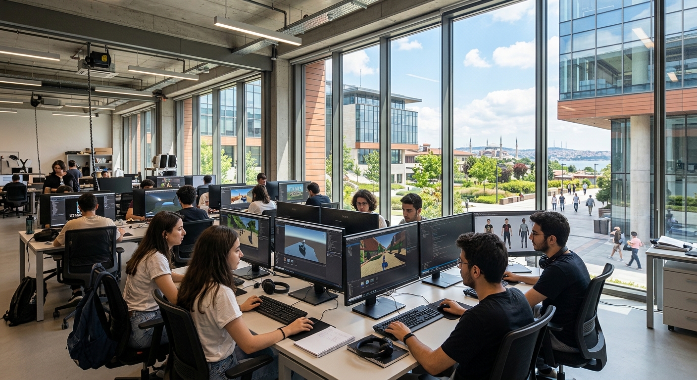 Modern university campus in Istanbul with students working on computers in a digital design lab, game development screens visible, contemporary architecture with glass facades, bright daylight
