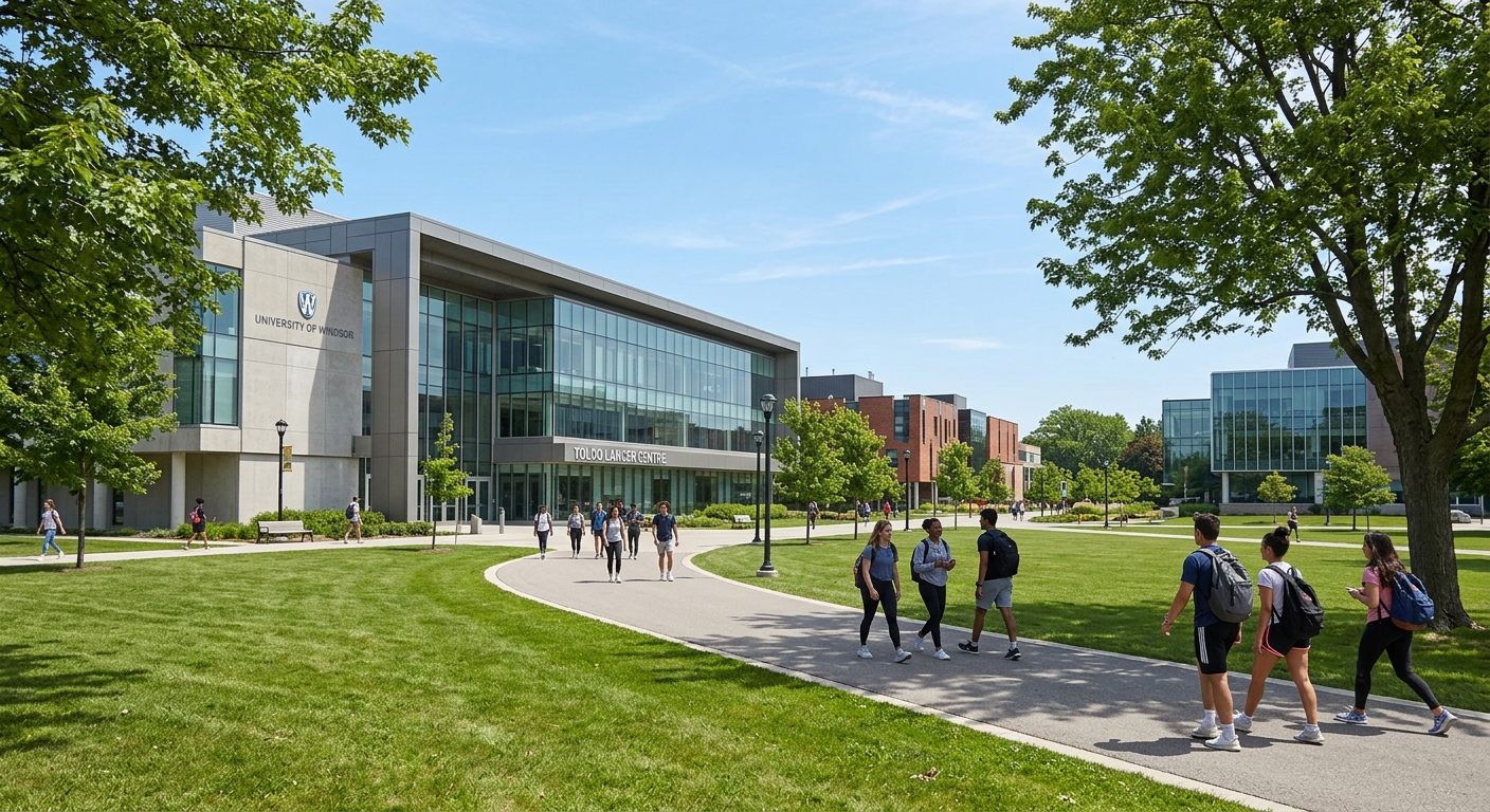 University of Windsor campus in Ontario Canada with modern science building, green lawns, and students walking along tree-lined pathways under a clear blue sky