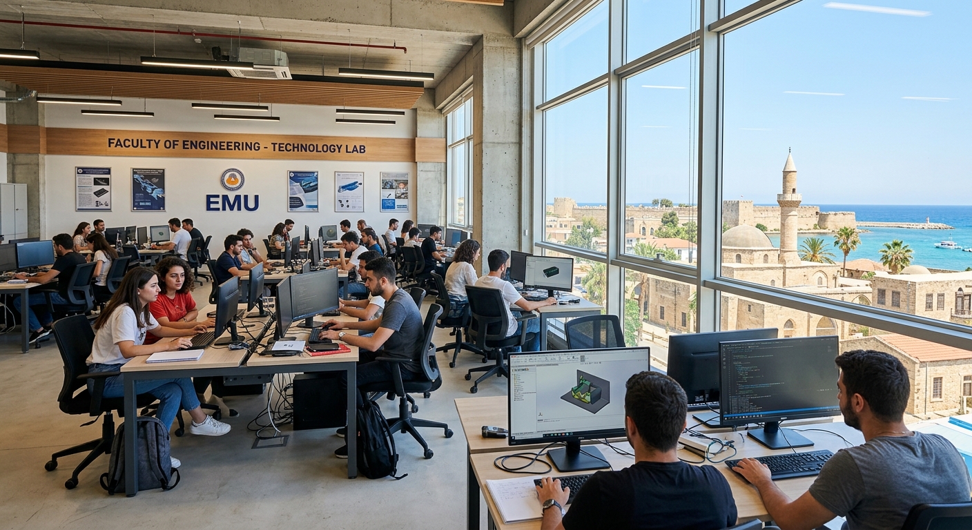 Modern university engineering campus in Famagusta Cyprus, students working on computers in a technology lab, Mediterranean architecture visible through large windows, bright natural light