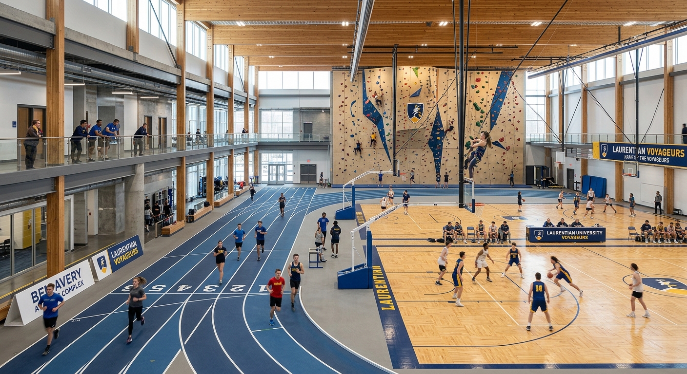 Ben Avery Athletic Complex at Laurentian University featuring an indoor track, gymnasium, and climbing wall with students exercising