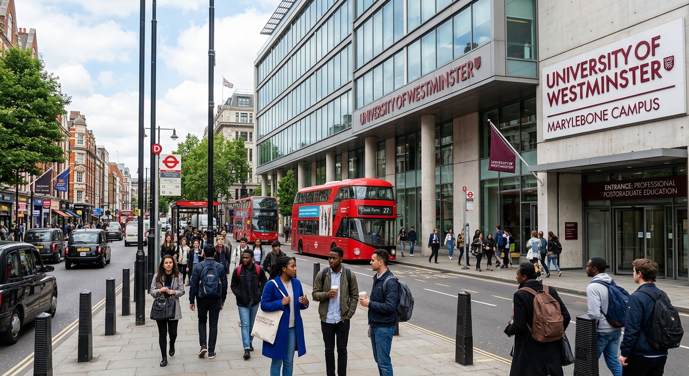 Modern Marylebone campus building of University of Westminster in central London, with students walking near Baker Street, red London buses and urban transport infrastructure visible in the background, professional postgraduate education setting