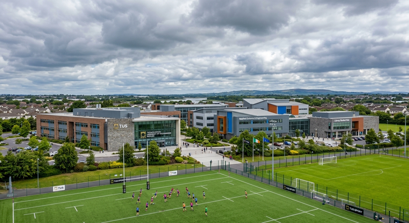 TUS Moylish campus Limerick, wide shot of main academic buildings with sports pitches in foreground, modern Irish university architecture, cloudy sky