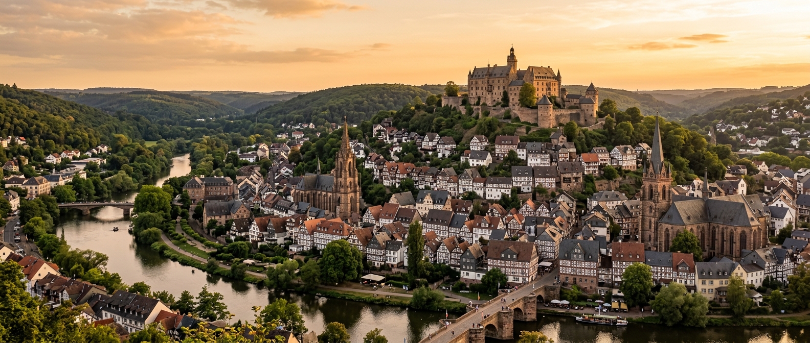 Panoramic view of Marburg an der Lahn with the medieval castle on the hilltop, half-timbered houses cascading down the hillside, the Lahn River flowing through the valley, church spires, forested hills in the distance, golden hour lighting