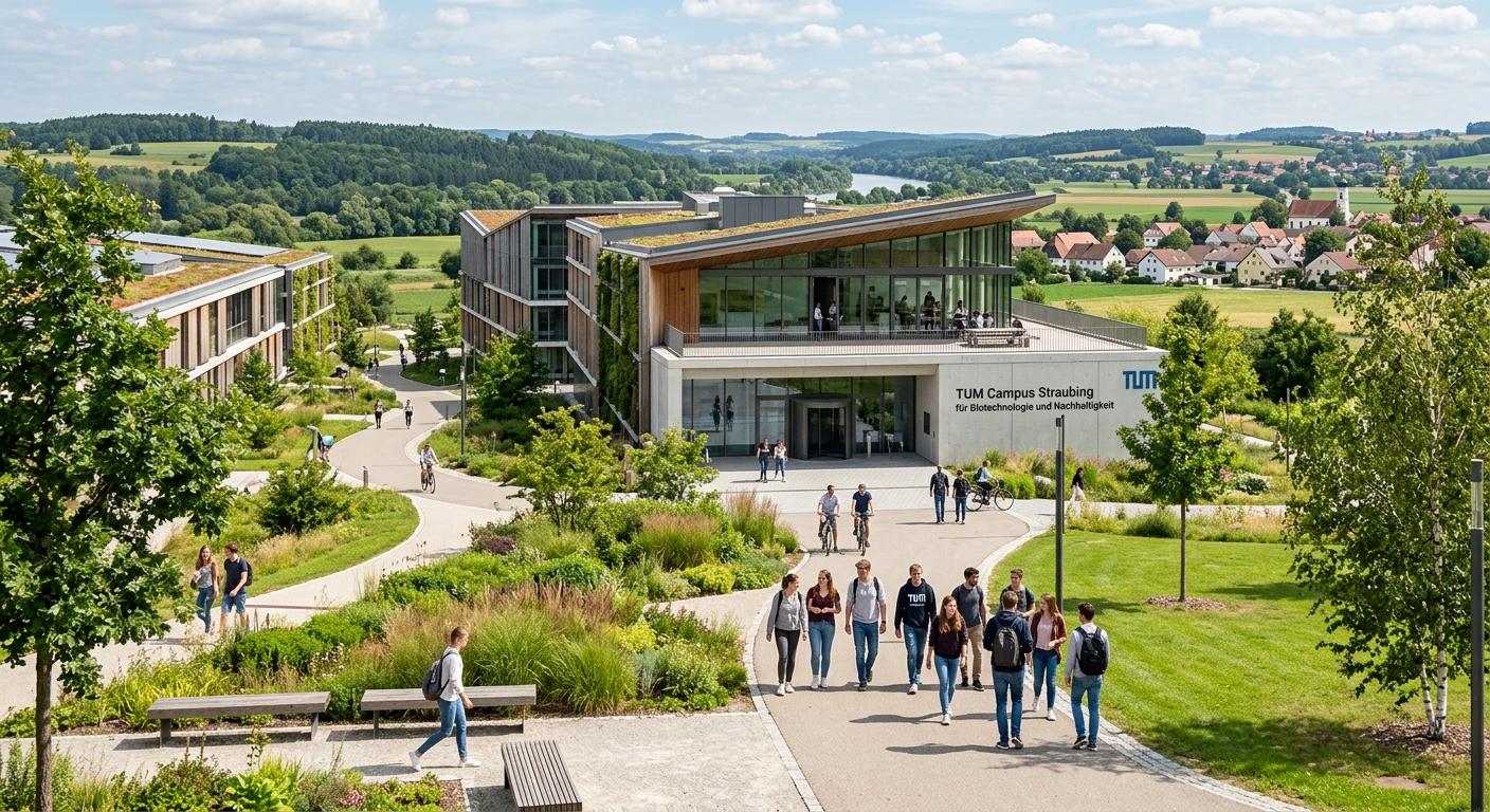 TUM Campus Straubing for Biotechnology and Sustainability, modern university building surrounded by Bavarian countryside, students walking along pathways with green landscaping and contemporary architecture