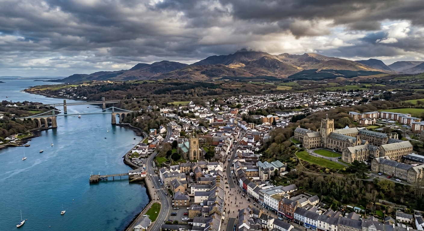 Aerial view of Bangor city in North Wales showing the cathedral, high street, and university buildings nestled between the Menai Strait and the foothills of Snowdonia mountains under a dramatic sky