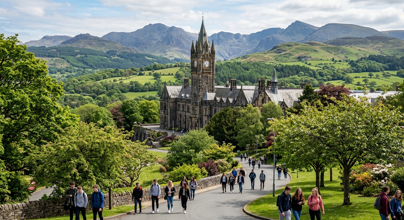 Bangor University historic main building with clock tower set against the backdrop of Snowdonia mountains and green Welsh landscape, students walking along tree-lined paths on campus in North Wales