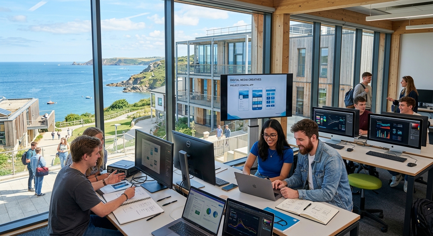 Coastal campus of Falmouth University in Cornwall, England with modern creative buildings overlooking the sea, students collaborating on digital projects in a bright open workspace with laptops and large screens