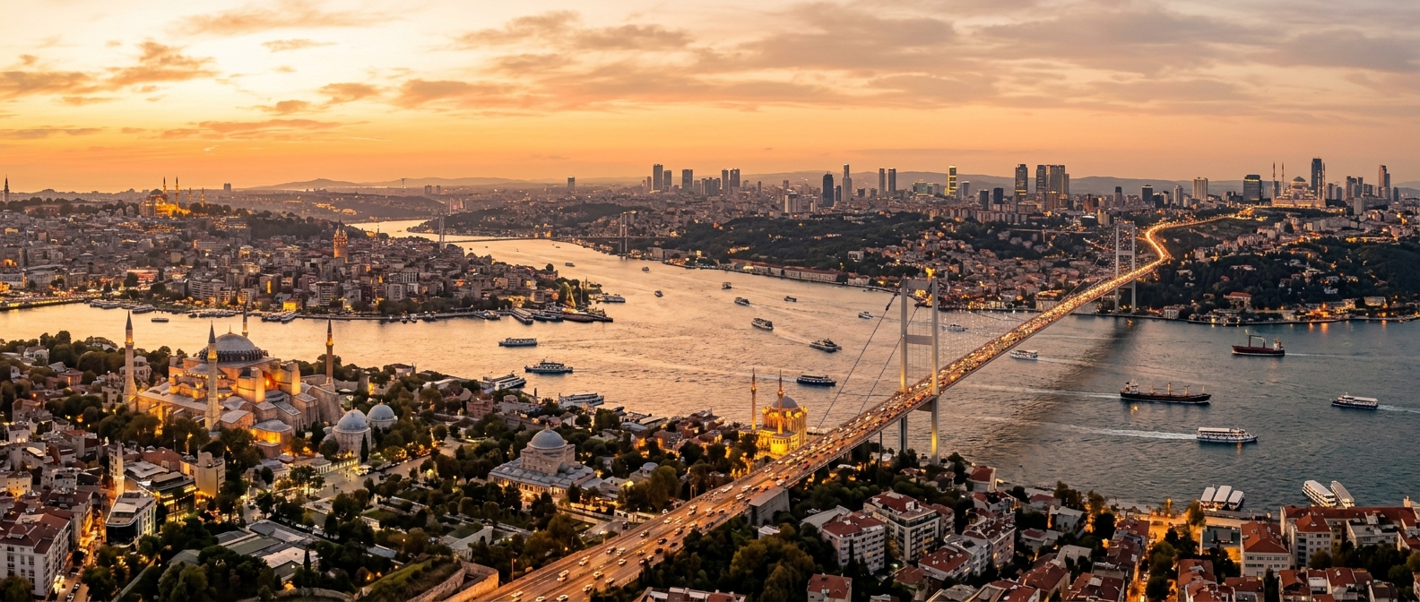 Istanbul cityscape panorama, Bosphorus strait view, historic mosques and modern skyscrapers, sunset golden hour, bridges connecting Europe and Asia