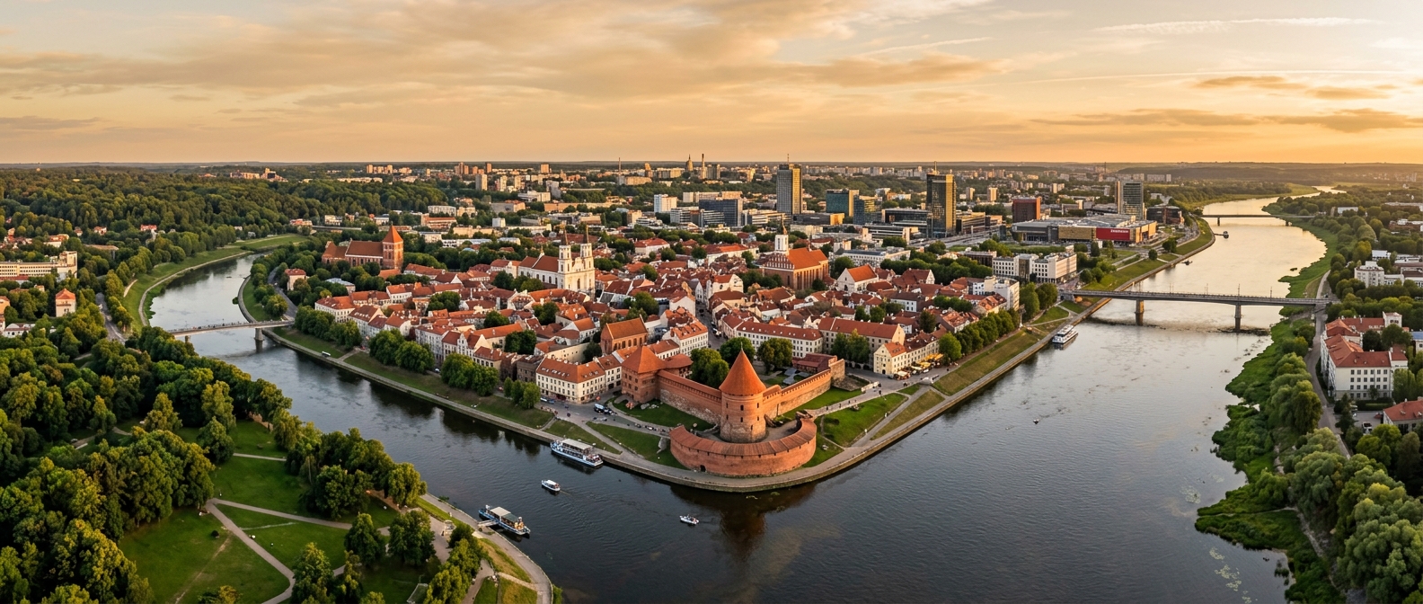 Panoramic view of Kaunas city, Lithuania, Nemunas and Neris river confluence, Old Town with red-roofed buildings, Kaunas Castle, green parks, modern city centre in background, golden hour lighting