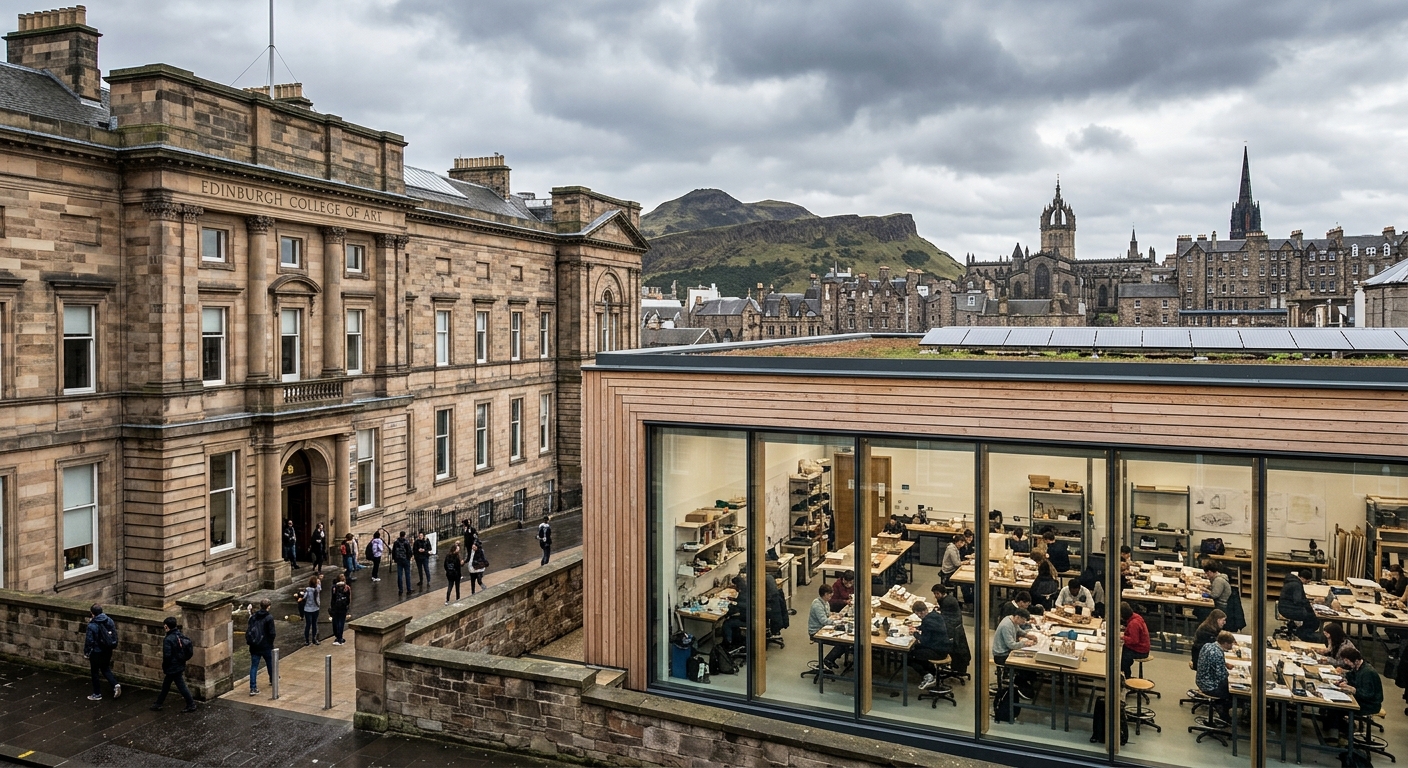 Edinburgh College of Art historic stone building with modern sustainable design studio visible through large windows, students working on architectural models, Edinburgh Old Town skyline in background with Arthur's Seat, overcast Scottish sky