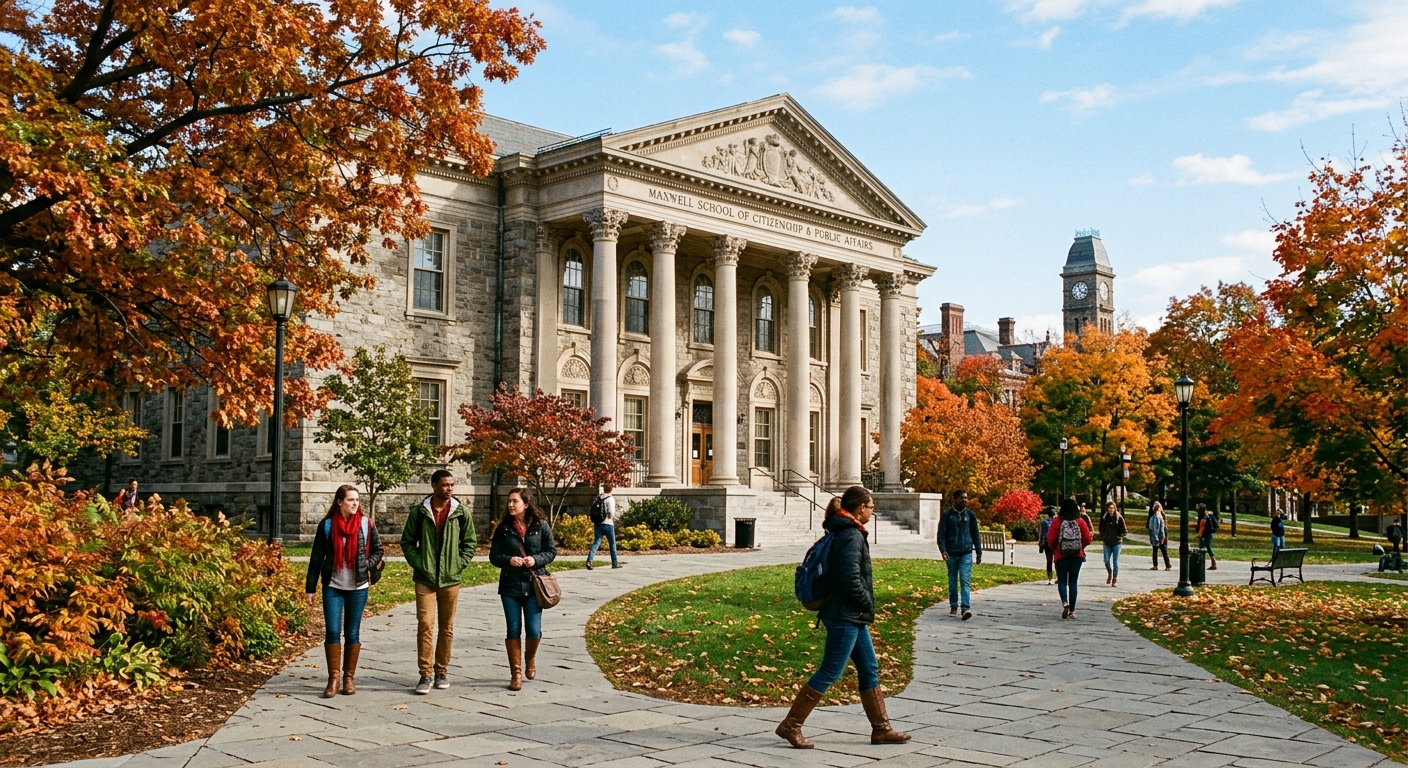 Maxwell School of Citizenship and Public Affairs at Syracuse University, historic stone building with columns, students walking on campus paths surrounded by green trees, Syracuse New York autumn setting