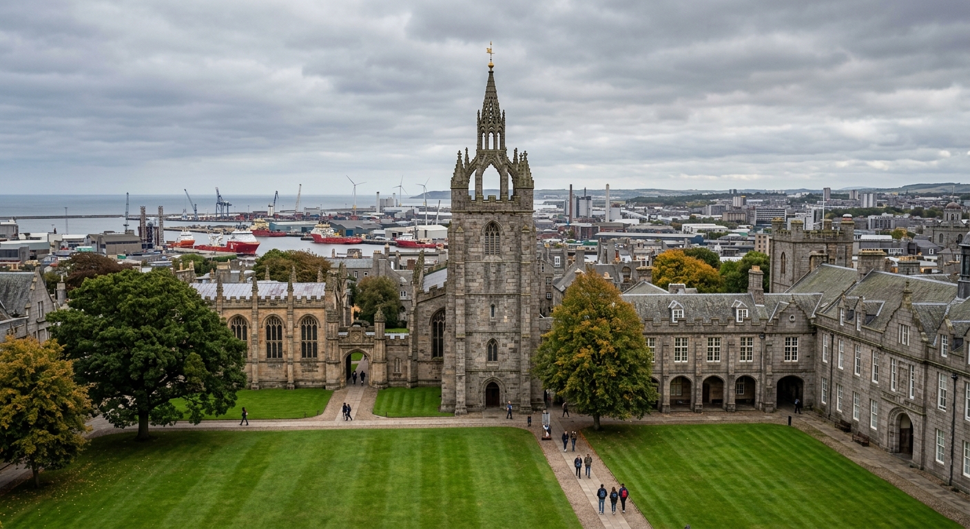 Historic granite buildings of the University of Aberdeen campus with the iconic King's College Chapel crown tower, green lawns in the foreground, Scottish cityscape with modern energy industry skyline in the background, overcast sky