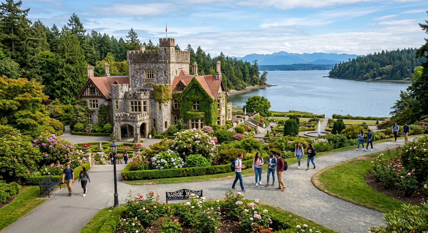 Historic Hatley Castle at Royal Roads University campus in Victoria, British Columbia, surrounded by lush green gardens, Pacific Northwest forest, and coastal scenery with students walking along pathways