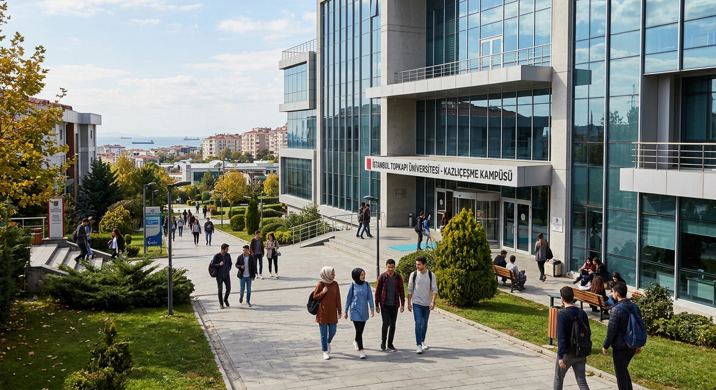 Kazlıçeşme campus main building of Istanbul Topkapı University, modern architecture with glass facade, students walking on campus pathways, Zeytinburnu district setting