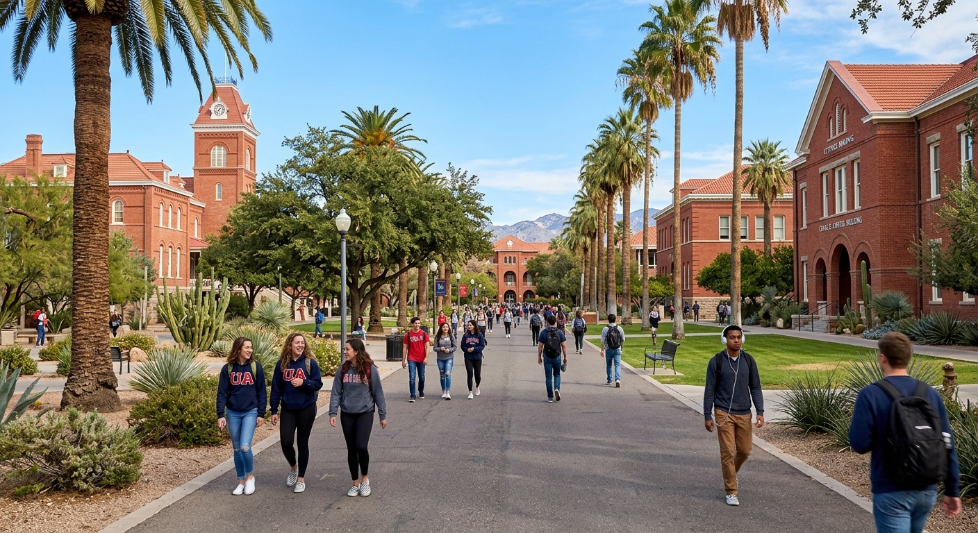 University of Arizona campus in Tucson with red brick buildings, palm trees, desert landscape, students walking along tree-lined pathways under clear blue sky