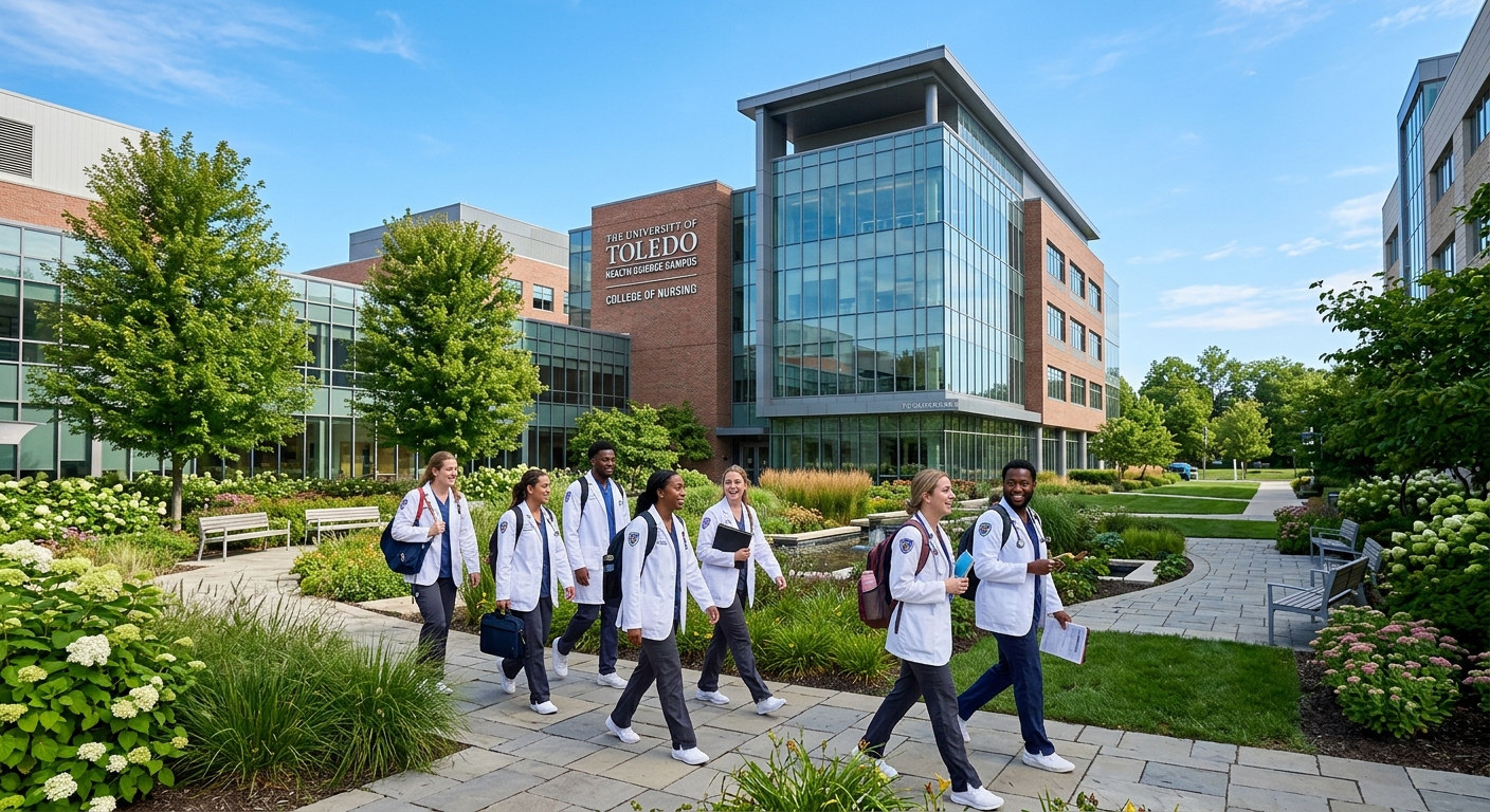 University of Toledo Health Science Campus building with modern architecture, nursing students in white coats walking through the courtyard, green landscaping and clear blue sky in Toledo Ohio