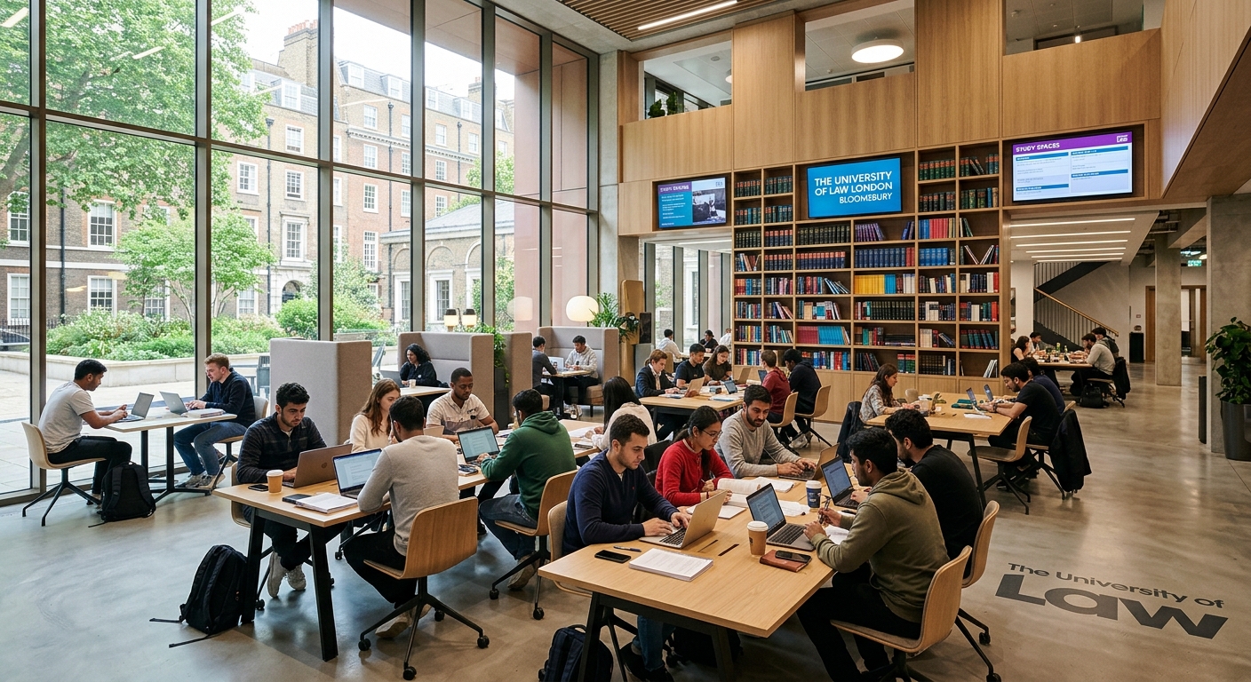 University of Law London Bloomsbury campus interior, modern study spaces with students working at desks, natural light streaming through large windows, bookshelves and digital screens