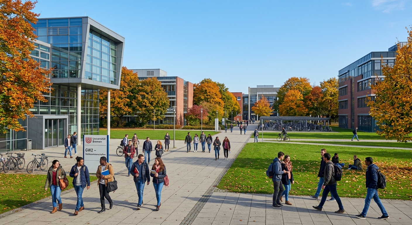 Modern university campus in Bremen Germany with contemporary academic buildings, green lawns, international students walking between lecture halls, autumn trees, and a clear sky
