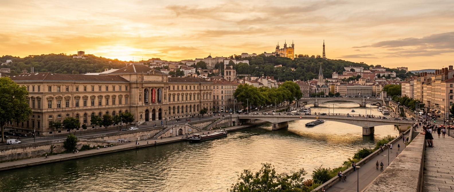 Panoramic view of Lumière Lyon 2 University Berges du Rhône campus, historic stone facade along the left bank of the Rhône river, Lyon cityscape with Fourvière basilica in the background, warm golden hour light