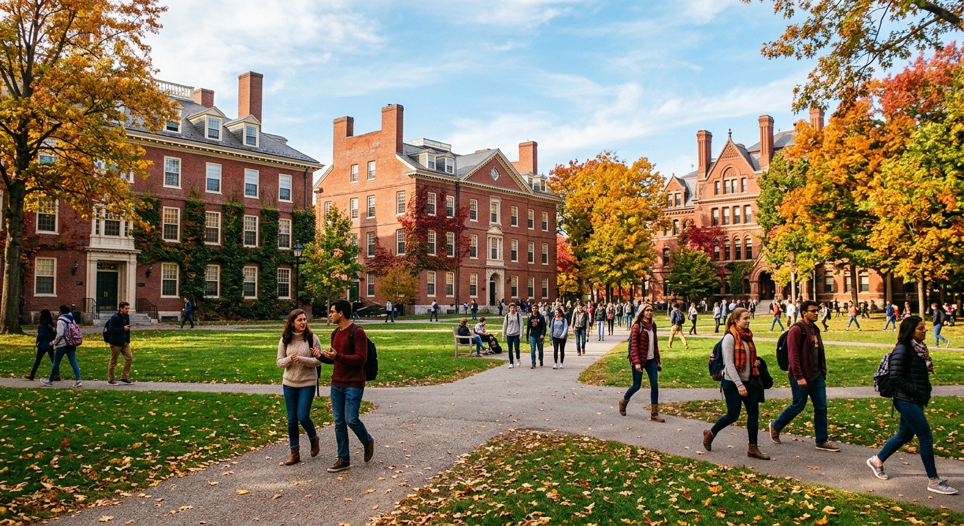 Harvard University campus in Cambridge Massachusetts with historic red brick buildings, green lawns, and students walking through Harvard Yard on a sunny autumn day with golden foliage