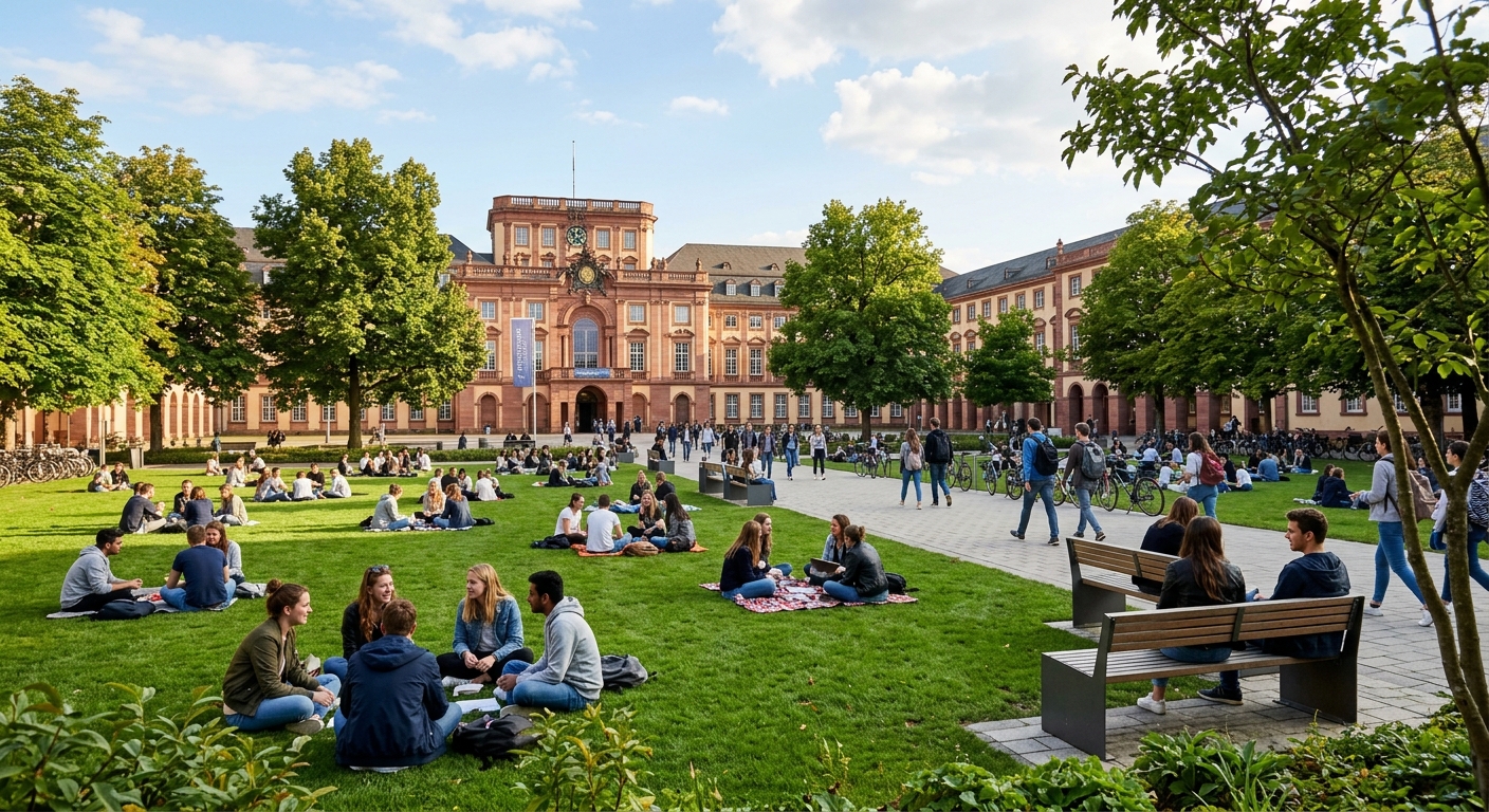 University of Mannheim campus green courtyard with students relaxing on lawns, historic palace buildings in background, trees and modern benches, sunny day
