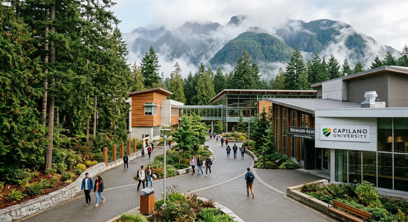 Capilano University main campus in North Vancouver, modern academic buildings surrounded by tall evergreen trees, students walking along pathways, mountain backdrop with misty clouds