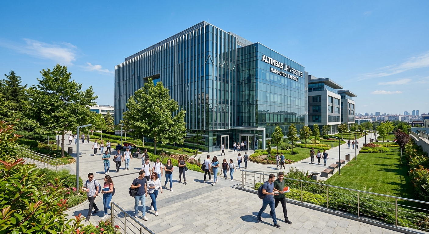 Modern Altinbas University Mahmutbey campus building in Istanbul with glass facade, students walking on campus pathways, greenery and contemporary architecture under clear blue sky