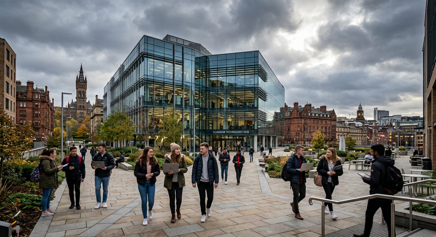 Modern university campus in Glasgow city centre, glass-fronted technology building, students walking through courtyard with laptops, Scottish urban skyline in background, overcast sky with dramatic light