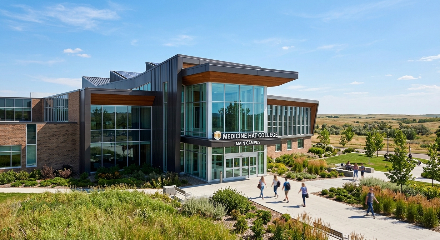 Medicine Hat College main campus building exterior, modern architecture with glass entrance, prairie landscape, bright sunny day with blue sky
