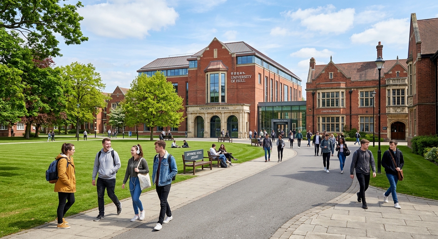 University of Hull campus with red brick buildings, green lawns, and students walking along pathways near the Brynmor Jones Library on a bright day in Kingston upon Hull, England