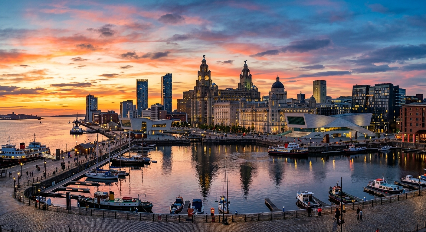 Liverpool waterfront skyline at sunset, Royal Albert Dock, Liver Building with Liver birds, River Mersey reflections, modern and historic architecture blending together, vibrant evening sky