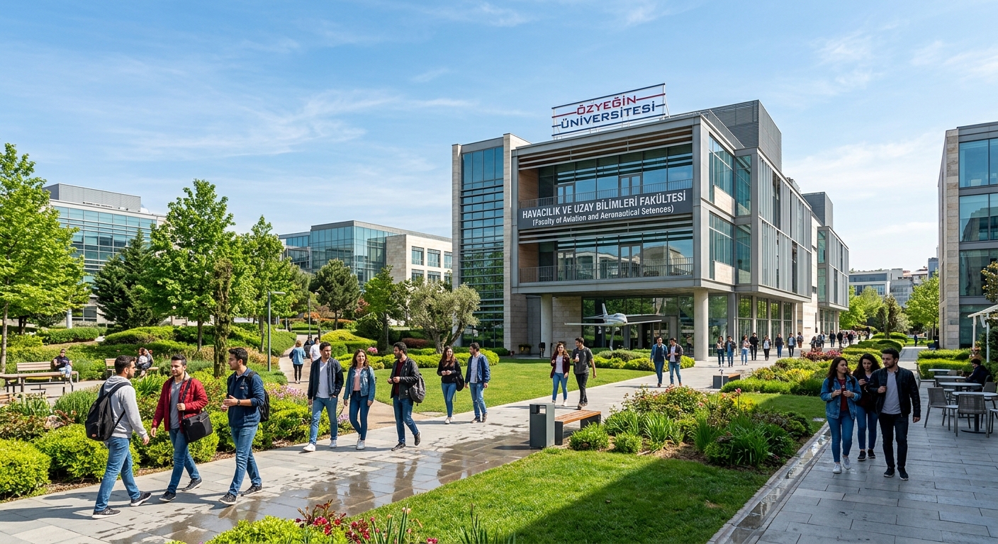 Modern Özyeğin University campus in Istanbul with contemporary glass buildings, green landscaping, and students walking near the Faculty of Aviation and Aeronautical Sciences building under a clear blue sky