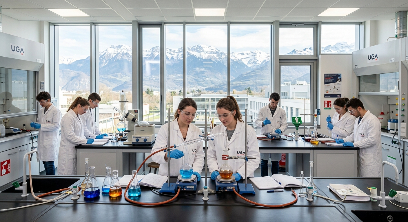 Modern chemistry laboratory at Université Grenoble Alpes with students conducting experiments, glass beakers and flasks on benches, alpine mountain view through large windows, bright natural light