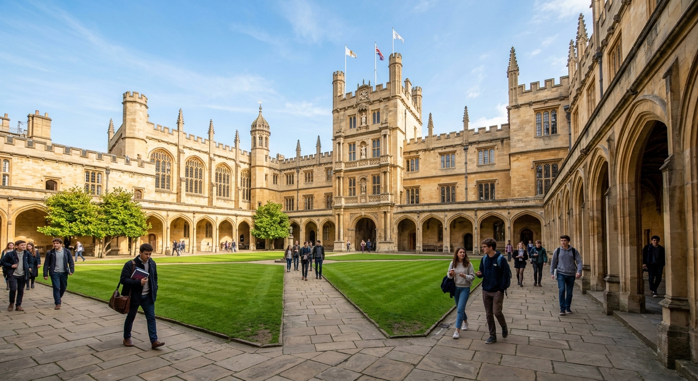 Historic University of Oxford Bodleian Library quadrangle with golden limestone buildings, Gothic architecture, green lawns, students walking through arched cloisters on a sunny day in Oxford, England