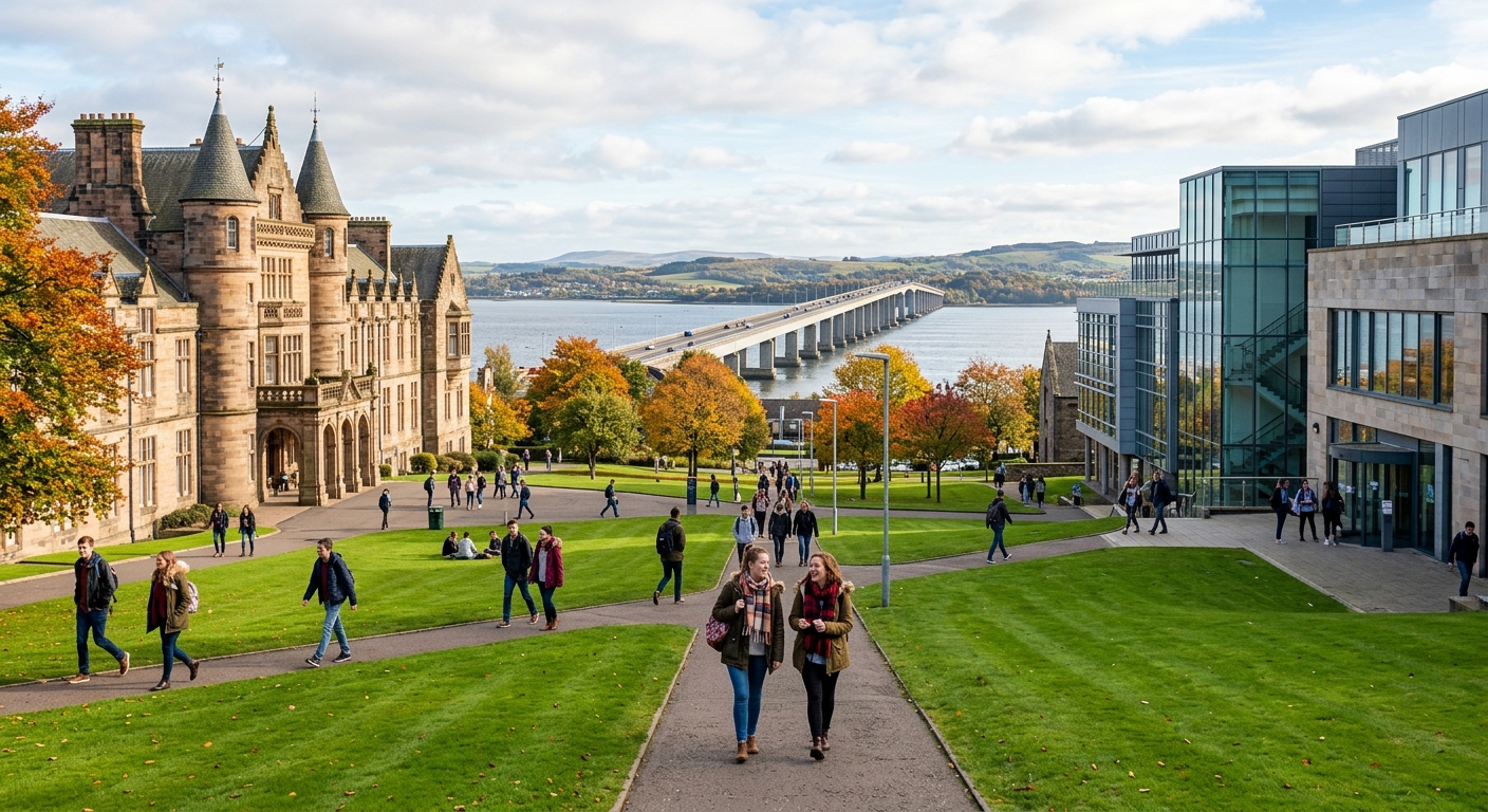 University of Dundee campus with historic stone buildings and modern facilities, overlooking the River Tay in Scotland, students walking across green lawns on a bright autumn day