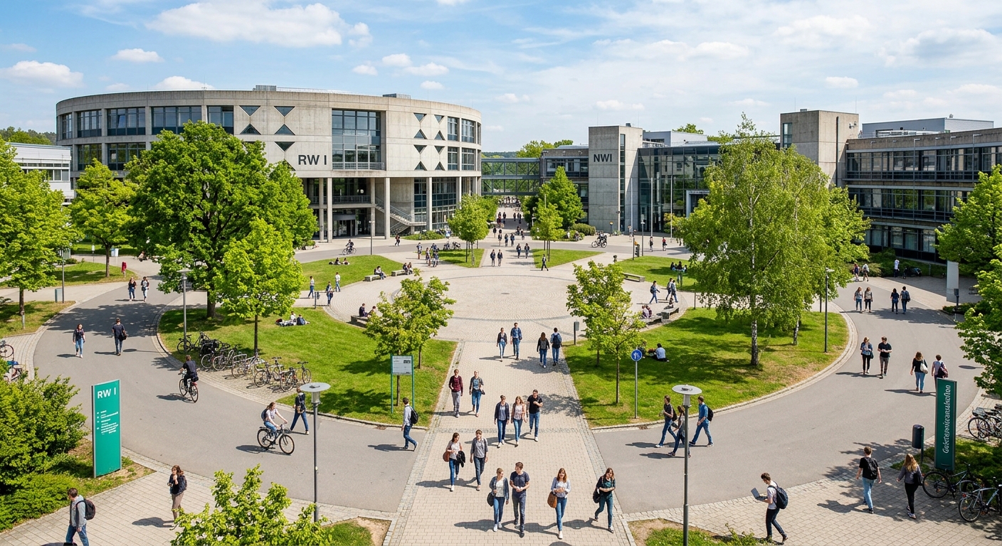 University of Bayreuth central Rondell plaza with radiating pathways, modern concrete and glass faculty buildings, students walking between lectures, green trees lining the paths, sunny day