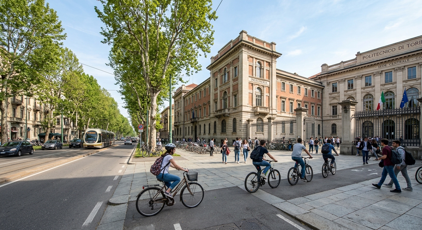 Main engineering campus of Politecnico di Torino on Corso Duca degli Abruzzi, wide avenue with trees, large institutional buildings, students on bicycles