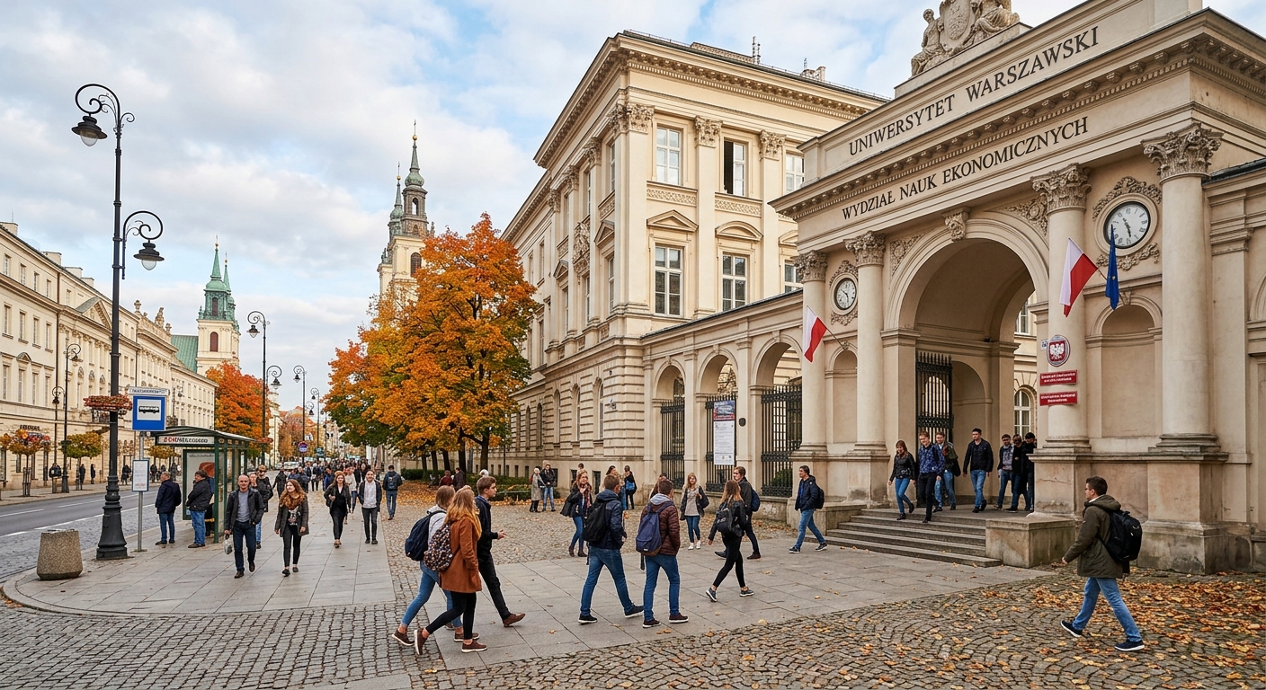 Historic University of Warsaw campus building with neoclassical architecture, Faculty of Economic Sciences entrance, students walking through courtyard, autumn trees lining Krakowskie Przedmiescie street in Warsaw Poland