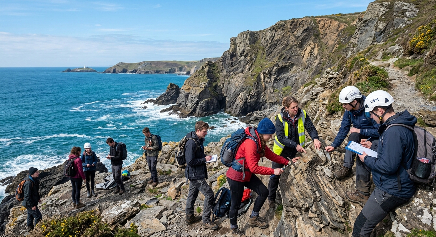 Penryn Campus Cornwall coastline with geology students examining rock formations in the field, rugged coastal cliffs, clear sky, University of Exeter Camborne School of Mines setting