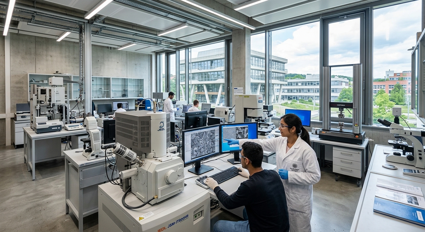 Modern research laboratory at University of Stuttgart with advanced materials testing equipment, electron microscopes, and students analyzing material samples under bright laboratory lighting, Stuttgart campus architecture visible through windows