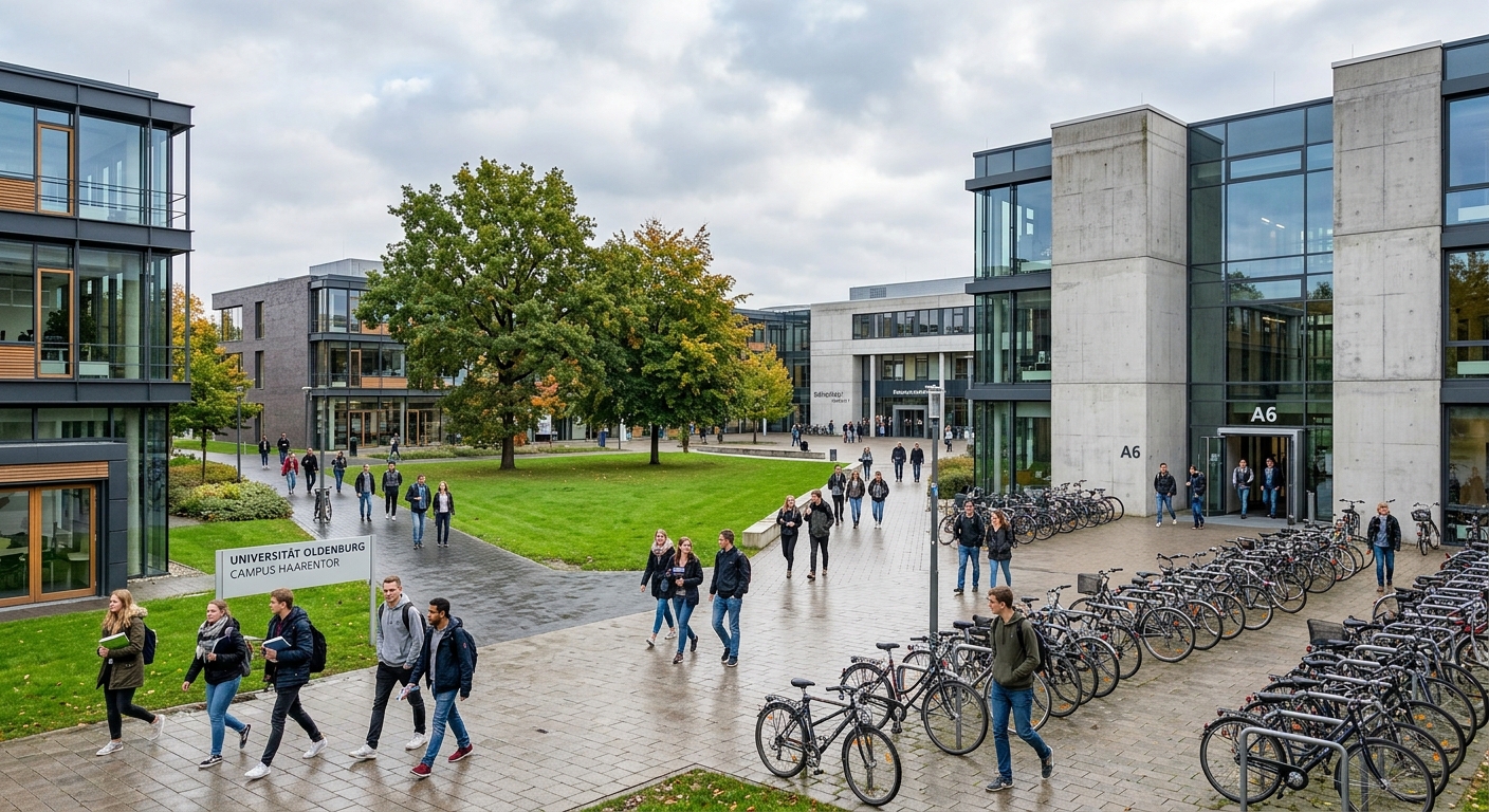 Haarentor Campus of the University of Oldenburg, modern concrete and glass university buildings, central courtyard with students walking, green lawns and bicycle racks, overcast northern German sky