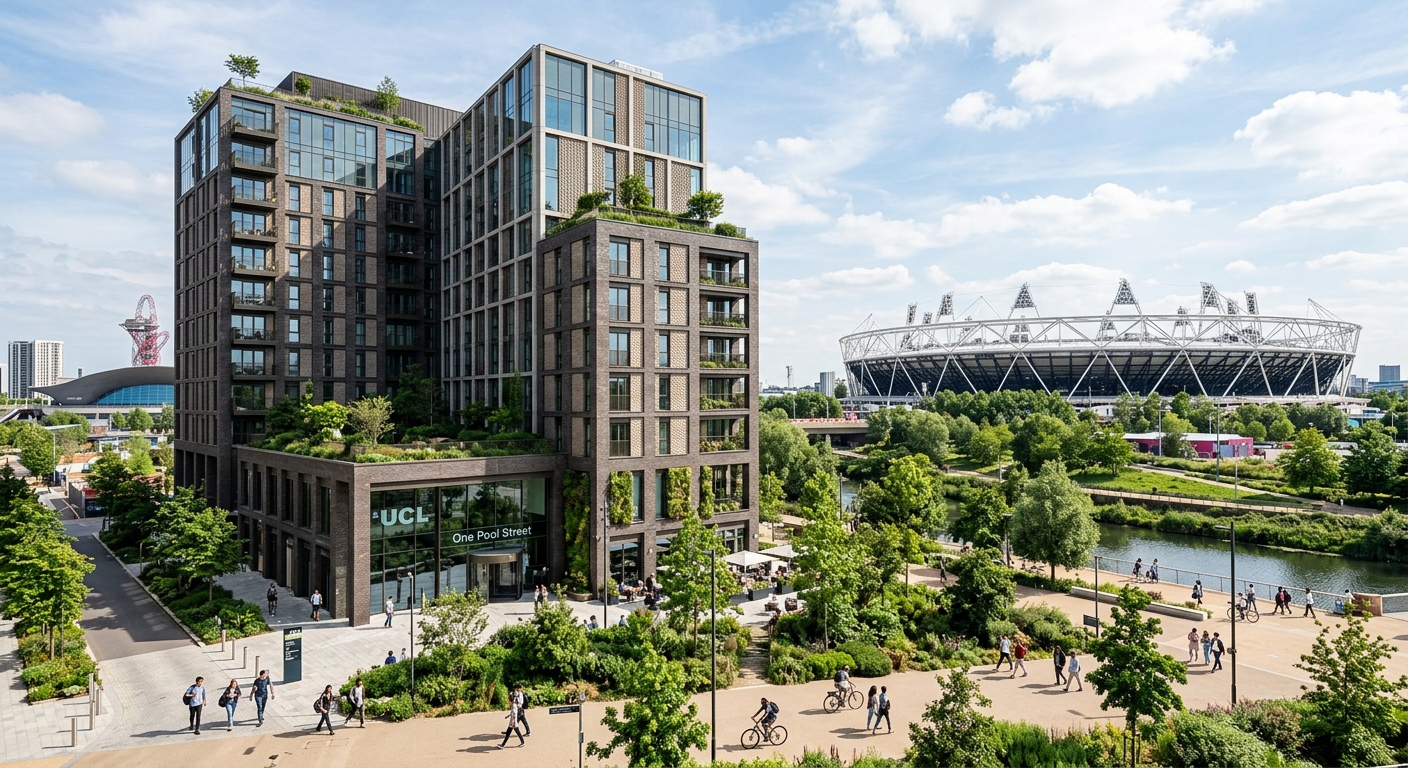 UCL East campus One Pool Street building at Queen Elizabeth Olympic Park Stratford, modern sustainable architecture with green spaces and the London Stadium visible in background